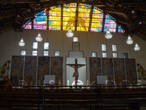 The transparent roof and stained glasses provide ample light throughout the daytime. The church is known for its 16 feet crucifix, biggest in Asia.