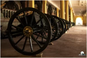 The war cannons installed at the gate of Mysore Palace.