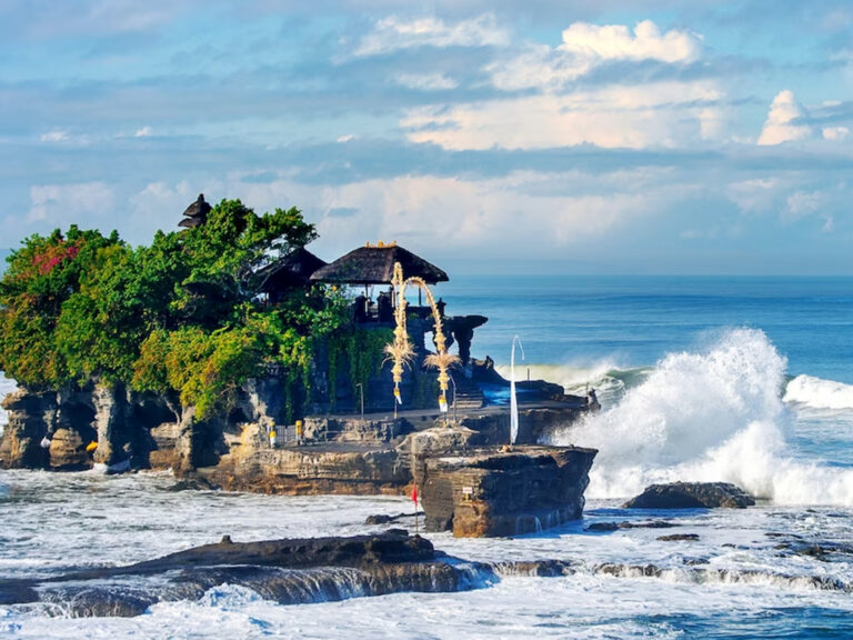 Lush tropical landscape of Bali featuring vibrant greenery, towering palm trees, and serene rice terraces under a clear blue sky, capturing the island's natural beauty and cultural richness.
